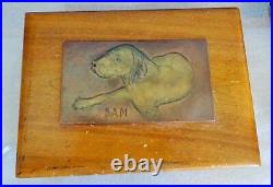 Vintage H. W. Longfellow Humidor Cigar Box Copper Dog Plaque 1930s Walnut