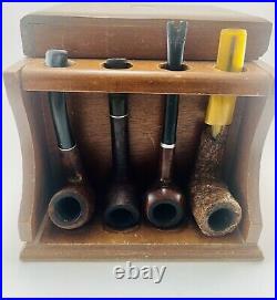 Vintage MCM Walnut 8-Pipe Rack WithHumidor Box &8 Vintage Pipes Medico-Savinelli