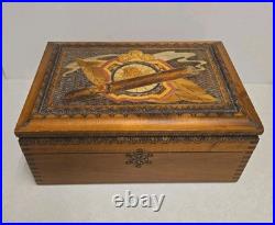 Vintage Polish Carved Wood Cigar Humidor Box Brass Inlay Lion Crest Ornate Folk