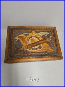 Vintage Polish Carved Wood Cigar Humidor Box Brass Inlay Lion Crest Ornate Folk