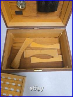 Vintage Polish Carved Wood Cigar Humidor Box Brass Inlay Lion Crest Ornate Folk