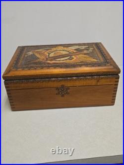 Vintage Polish Carved Wood Cigar Humidor Box Brass Inlay Lion Crest Ornate Folk