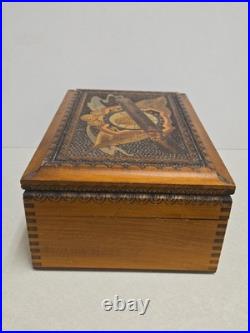 Vintage Polish Carved Wood Cigar Humidor Box Brass Inlay Lion Crest Ornate Folk