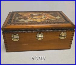 Vintage Polish Carved Wood Cigar Humidor Box Brass Inlay Lion Crest Ornate Folk
