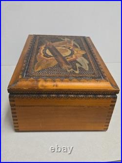 Vintage Polish Carved Wood Cigar Humidor Box Brass Inlay Lion Crest Ornate Folk