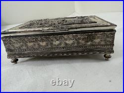 Vintage Silver-Plated Embossed Relief Cigar / Humidor Box, Footed, Velvet Lined