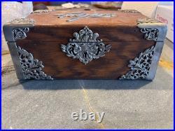 Vintage Wood Cigar Box Humidor with Metal Liner & Antique Silverplate Filigree