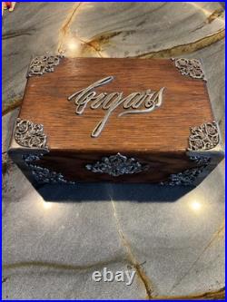 Vintage Wood Cigar Box Humidor with Metal Liner & Antique Silverplate Filigree