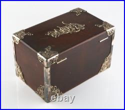 Vintage Wood Cigar Box Humidor with Metal Liner & Antique Silverplate Filigree