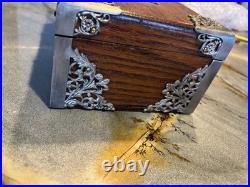 Vintage Wood Cigar Box Humidor with Metal Liner & Antique Silverplate Filigree