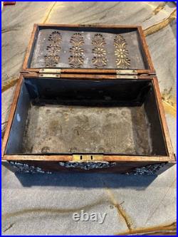 Vintage Wood Cigar Box Humidor with Metal Liner & Antique Silverplate Filigree