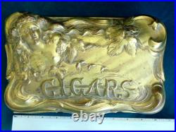 Vtg ART NOUVEAU Repousse Nude CIGAR HUMIDOR Casket Ornate Gold BOX JENNINGS JB