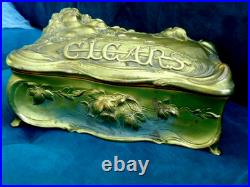 Vtg ART NOUVEAU Repousse Nude CIGAR HUMIDOR Casket Ornate Gold BOX JENNINGS JB