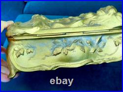 Vtg ART NOUVEAU Repousse Nude CIGAR HUMIDOR Casket Ornate Gold BOX JENNINGS JB