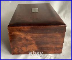 Vtg Cherry Wood Silver tone Plaque Cigar Humidor Box White Milk Glass Lined