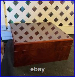 Vtg Cigar Box Savoy burl wood cigar humidor with a brass hygrometer