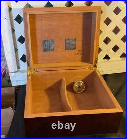 Vtg Cigar Box Savoy burl wood cigar humidor with a brass hygrometer