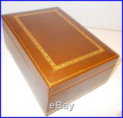 Vtg Tobacco Cigar LEATHER HUMIDOR TOOLED Gold LEATHER Box Milk Glass Interior