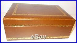 Vtg Tobacco Cigar LEATHER HUMIDOR TOOLED Gold LEATHER Box Milk Glass Interior