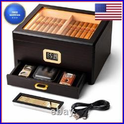 Woodronic Spanish Cedar Cigar Humidor Box 25-50 Cigars Digital Hygrometer Glass