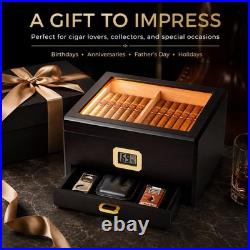 Woodronic Spanish Cedar Cigar Humidor Box 25-50 Cigars Digital Hygrometer Glass