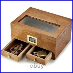 XIFEI 25-50 Cigars Box Humidor Digital Hygrometer Case 2 Drawers Cedar Cabinet