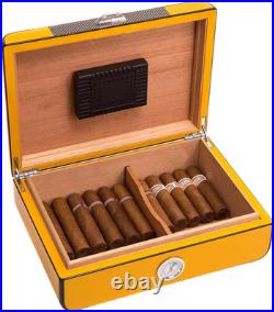 Yellow Lacquered Cigar Humidor Holds 25 Cigars, Spanish Cedar Storage Box with