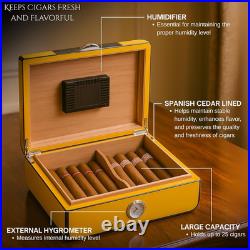 Yellow Lacquered Cigar Humidor Holds 25 Cigars, Spanish Cedar Storage Box with